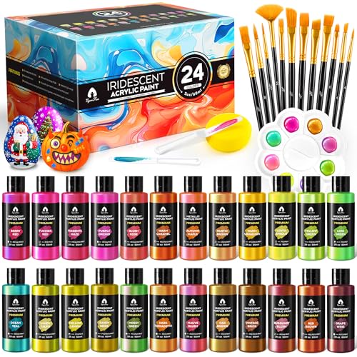 Vigorfun 40 Pcs Iridescent Acrylic Paint Set with 12 Brushes, 2 Knives & Palette, 24 Colors (2oz/60ml) - for Adults, Kids, Artists & Beginners - Canvas Ceramic Rock Wood Egg Painting Kit - Image 1