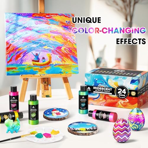 Vigorfun 40 Pcs Iridescent Acrylic Paint Set with 12 Brushes, 2 Knives & Palette, 24 Colors (2oz/60ml) - for Adults, Kids, Artists & Beginners - Canvas Ceramic Rock Wood Egg Painting Kit - Image 3