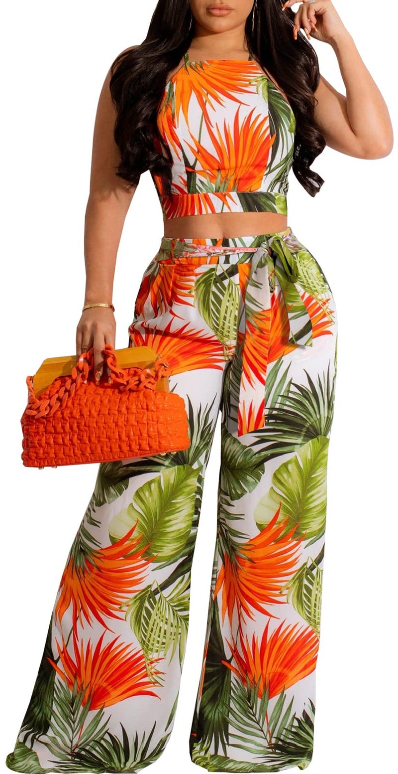 sexycherry Elegant Cruise Two Piece Sets for Women Vacation Sexy Crop Top Long Straight Pants Swimwear Beachwear Outfits with Pockets Belt (Medium) - Image 4