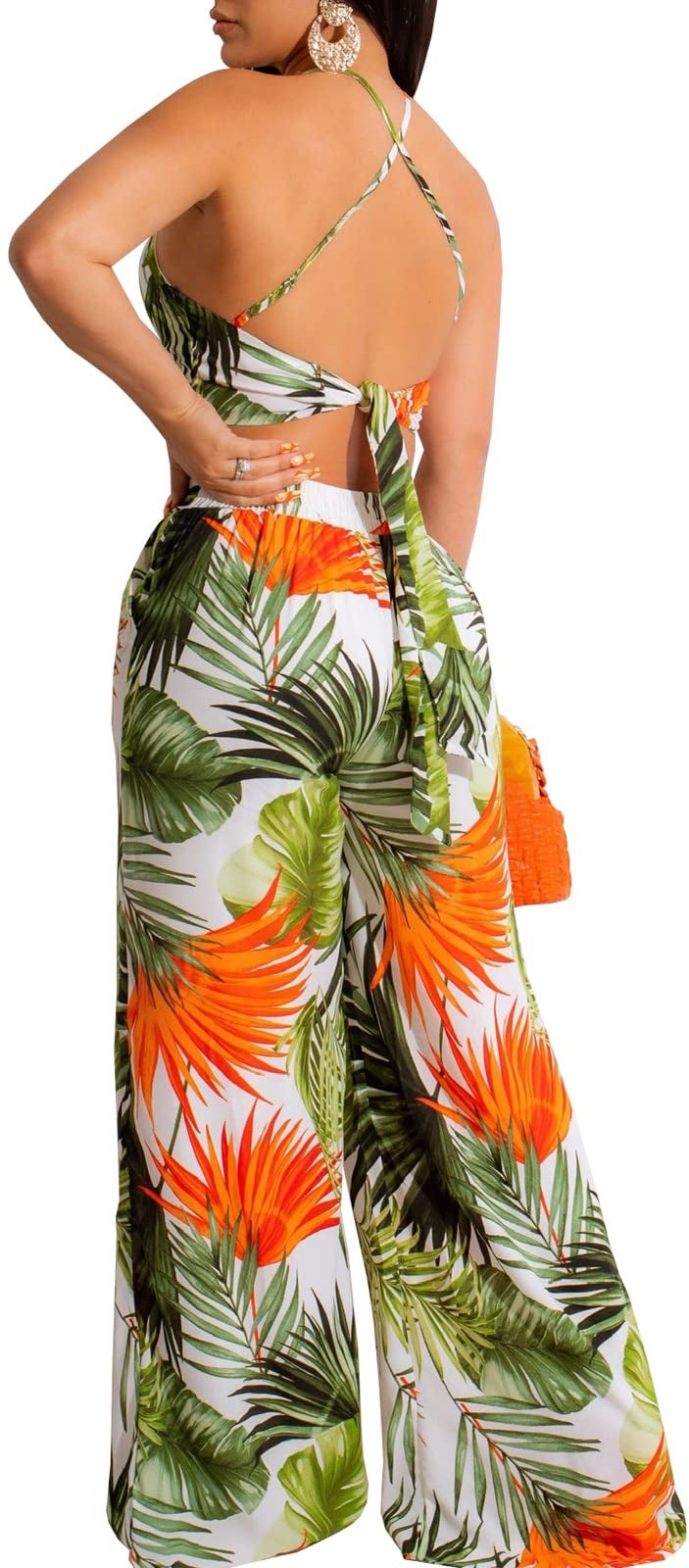 sexycherry Elegant Cruise Two Piece Sets for Women Vacation Sexy Crop Top Long Straight Pants Swimwear Beachwear Outfits with Pockets Belt (Medium) - Image 2