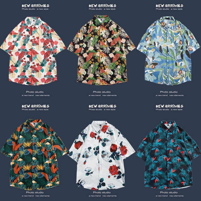 Hong Kong Style Short-Sleeved Shirt For Men And Women, Summer Loose And Thin Hawaiian Beach Floral Three-Quarter Sleeve Floral Shirt - Image 3