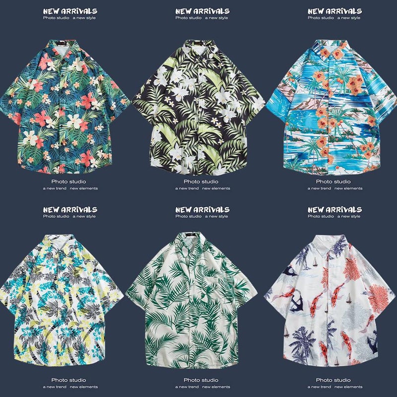 Hong Kong Style Short-Sleeved Shirt For Men And Women, Summer Loose And Thin Hawaiian Beach Floral Three-Quarter Sleeve Floral Shirt - Image 5