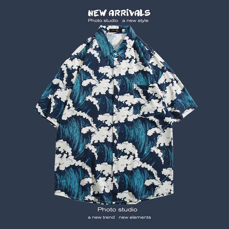 Hong Kong Style Short-Sleeved Shirt For Men And Women, Summer Loose And Thin Hawaiian Beach Floral Three-Quarter Sleeve Floral Shirt - Image 1