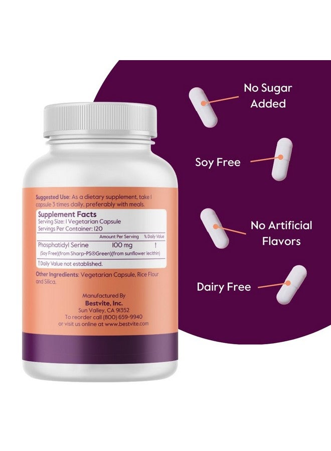 BESTVITE BESTVITE Phosphatidylserine 100mg per Capsule (120 Vegetarian Capsules) with Sharp-PS® Green - Patented and Clinically Tested - Stearate Free - Soy Free - Gluten Free - Vegan - Non GMO - Image 2