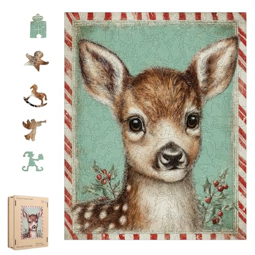 MEATRN Puzzles for Adults Kids Christmas Fawn Holiday Wooden Jigsaw Puzzle with Storage Box 200 Pcs 8511 Best Gift for Friends Festive Family Game Night Home Decor - Image 1