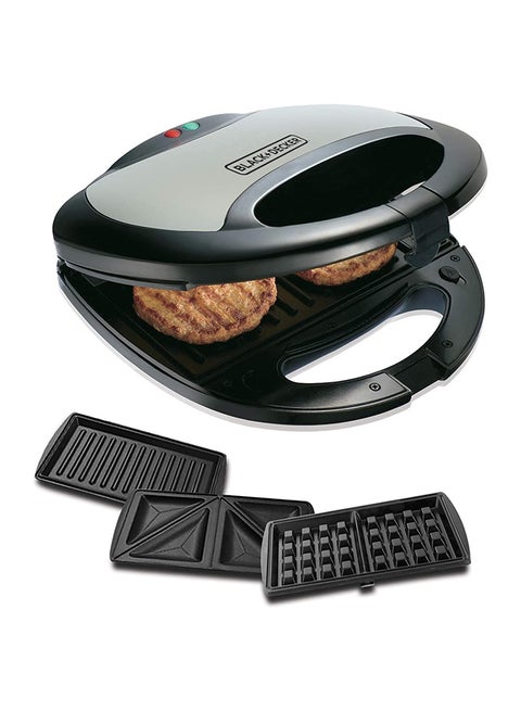 Sandwich Maker, 2-Slot Non-Stick, 3in1 Versatile Interchangeable Grill and Waffle Plates, Indicator Lights, Quick and Easy Meals, Compact Design, 2 Slices 750 W TS2090-B5 Black