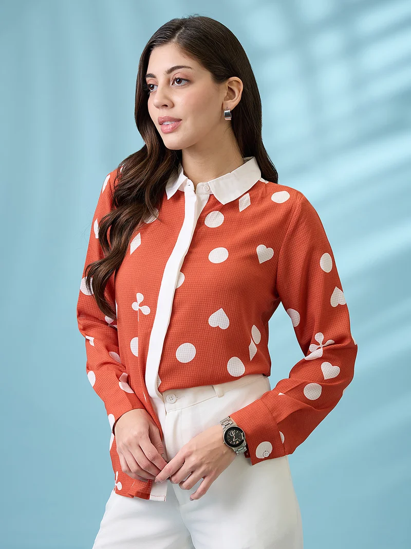 globus Globus Women Rust Printed Self Design Collared Neck Cuffed Sleeves Shirt