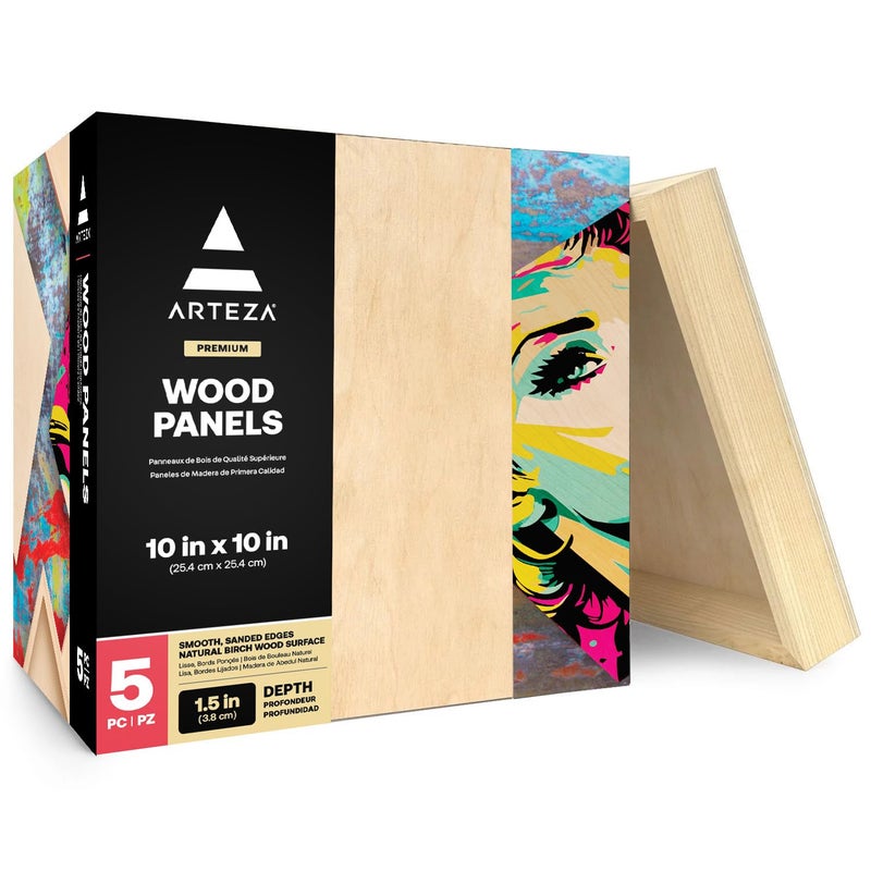 ARTEZA Wood Canvas Boards, 10 x 10 Inches, Pack of 5, Birch Wood, Wooden Panels for Acrylic and Oil Painting, Wood Burning, Crafting - Image 1