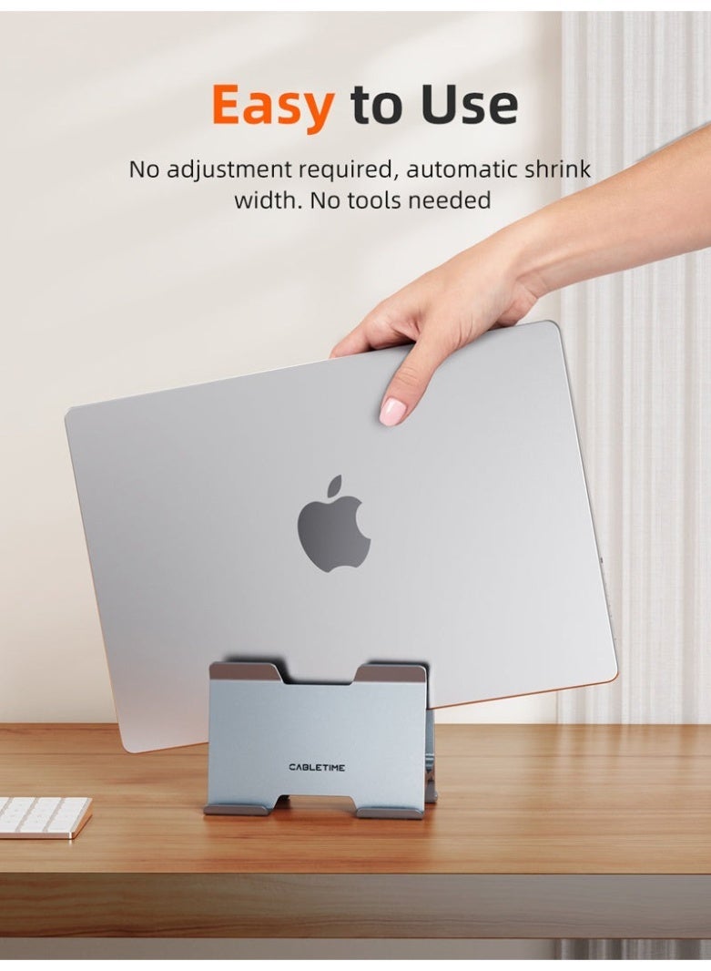 كابل تايم حامل كمبيوتر محمول عمودي من الألومنيوم بتقنية الجاذبية لأجهزة MacBook Pro، حامل قابل للتعديل للمكتب، حامل معدني موفر للمساحة متوافق مع MacBook Air و iPad وأجهزة الكمبيوتر المحمولة، قاعدة مانعة للانزلاق، فضي - Image 2