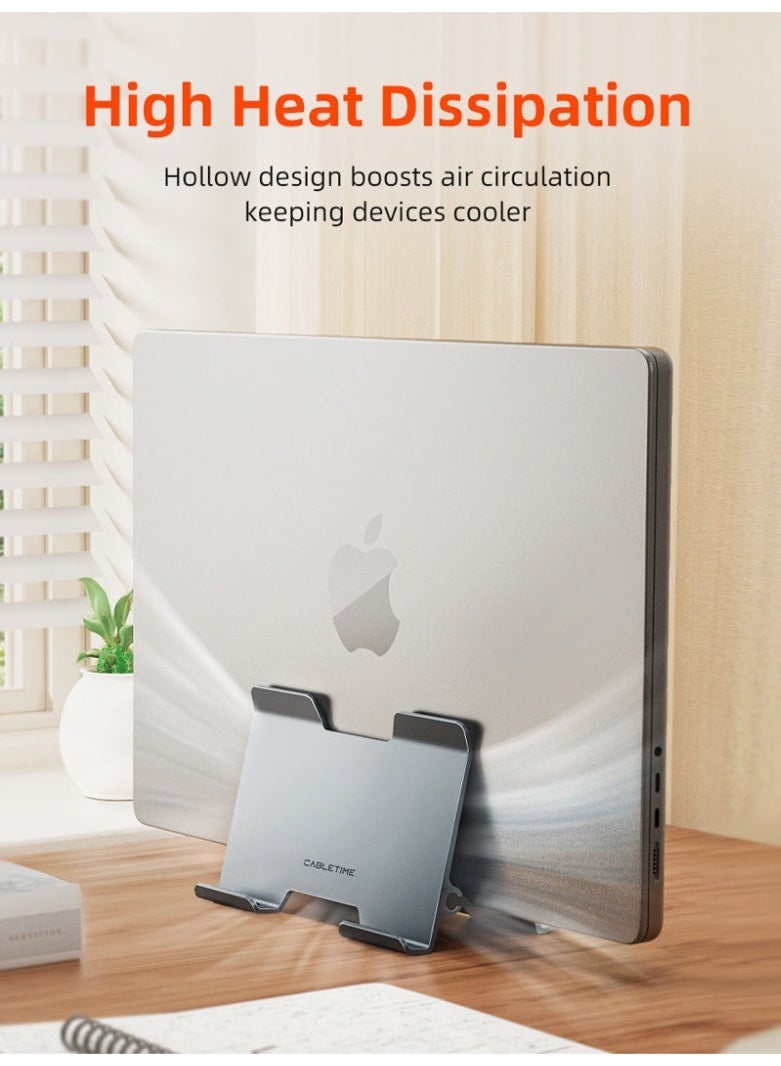 كابل تايم حامل كمبيوتر محمول عمودي من الألومنيوم بتقنية الجاذبية لأجهزة MacBook Pro، حامل قابل للتعديل للمكتب، حامل معدني موفر للمساحة متوافق مع MacBook Air و iPad وأجهزة الكمبيوتر المحمولة، قاعدة مانعة للانزلاق، فضي - Image 3