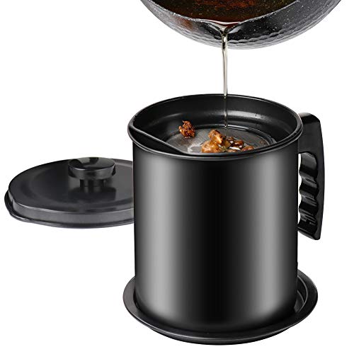 Cambom Bacon Grease Container with Fine Mesh Strainer, 1.6L almost 7 Full Cups Iron Cooking Oil Can with Removable a Coaster Tray for Kitchen Fat Storage Black - Image 1