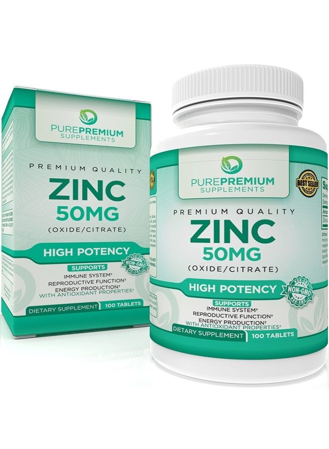 PUREPREMIUM SUPPLEMENTS مكملات الزنك النقية الممتازة للرجال والنساء - فيتامين زنك سترات/أكسيد للبالغين - زنك عالي الفعالية 50 ملغ، مضاد أكسدة طبيعي، دعم للطاقة والمناعة - 100 قرص زنك 50 ملغ - Image 1