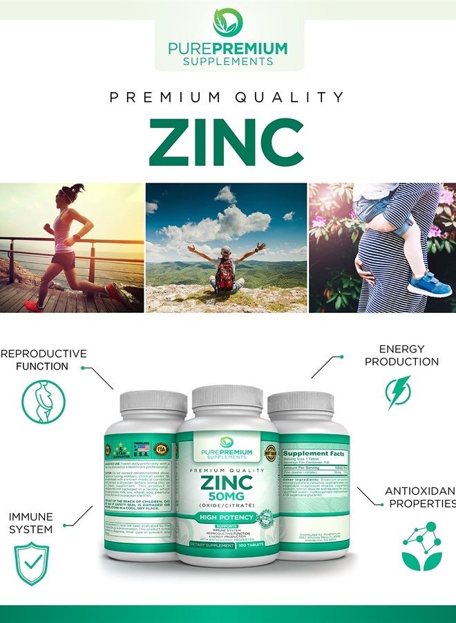 PUREPREMIUM SUPPLEMENTS مكملات الزنك النقية الممتازة للرجال والنساء - فيتامين زنك سترات/أكسيد للبالغين - زنك عالي الفعالية 50 ملغ، مضاد أكسدة طبيعي، دعم للطاقة والمناعة - 100 قرص زنك 50 ملغ - Image 2