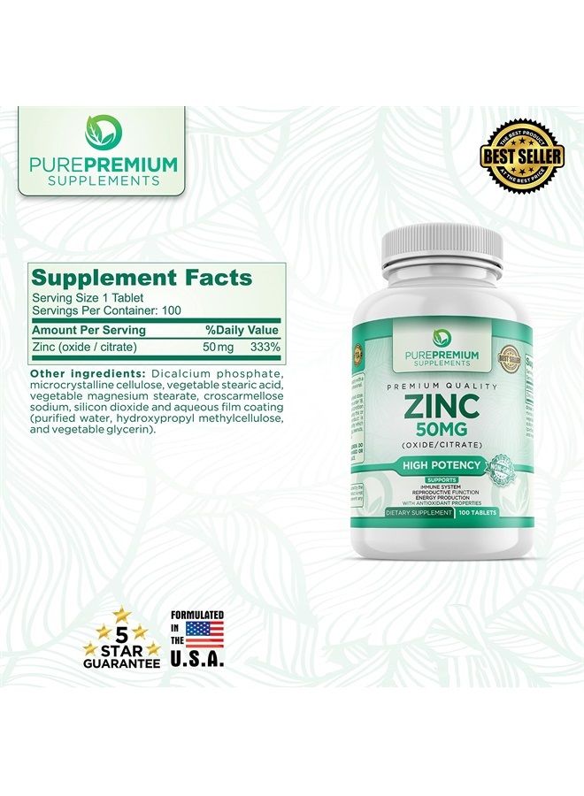 PUREPREMIUM SUPPLEMENTS مكملات الزنك النقية الممتازة للرجال والنساء - فيتامين زنك سترات/أكسيد للبالغين - زنك عالي الفعالية 50 ملغ، مضاد أكسدة طبيعي، دعم للطاقة والمناعة - 100 قرص زنك 50 ملغ - Image 3
