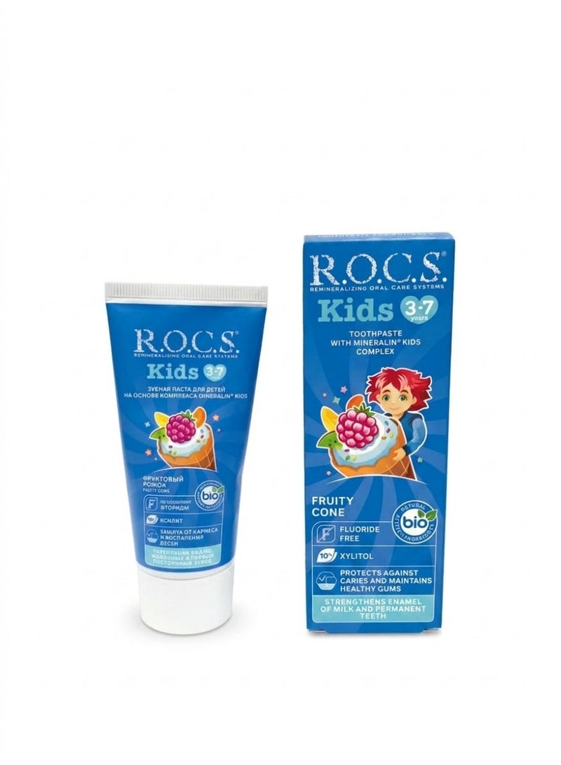 رينيه فورتيرير معجون أسنان روكس كيدز بنكهة فروتي كون للأطفال من 3 إلى 7 سنوات، يحتوي على 10% إكسيليتول ومركب مينيرالين، للعناية بالفم بدون فلورايد، يساعد على تقوية مينا الأسنان ودعم صحة اللثة، 45 جم - Image 2