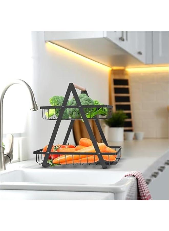 HOOKOR 2 Tier Countertop Fruit Basket,Portable Fruit Bowle Basket for Kitchen Organizer Storage & Dining Room Fruits Vegetable Bread Snacks, Detachable Metal Rectangle Basket Storage - Image 2