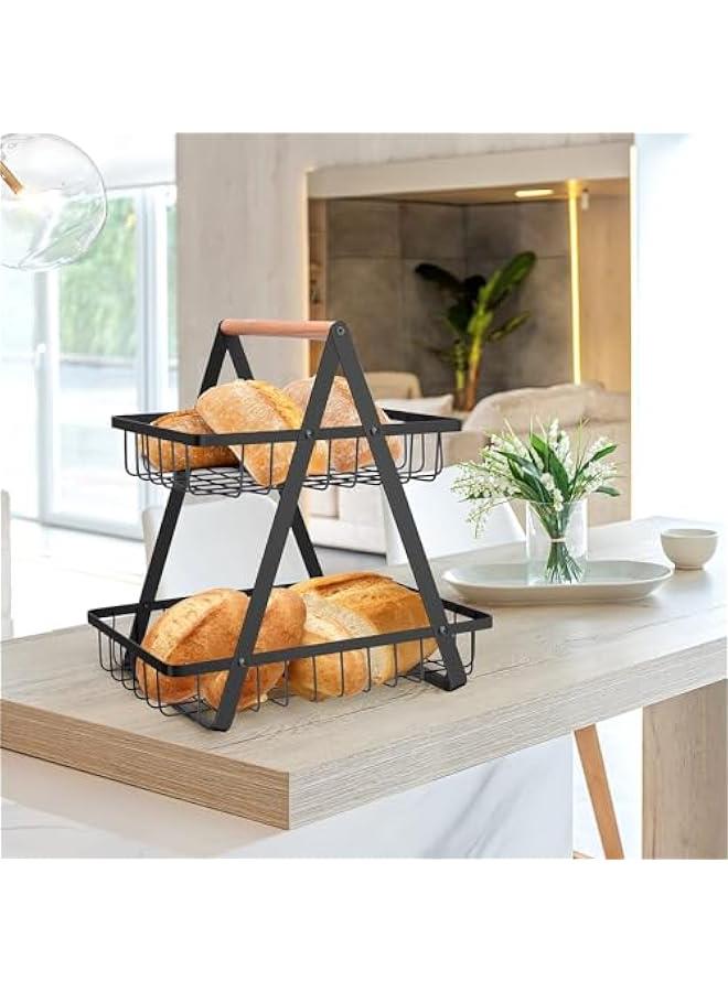 HOOKOR 2 Tier Countertop Fruit Basket,Portable Fruit Bowle Basket for Kitchen Organizer Storage & Dining Room Fruits Vegetable Bread Snacks, Detachable Metal Rectangle Basket Storage - Image 3