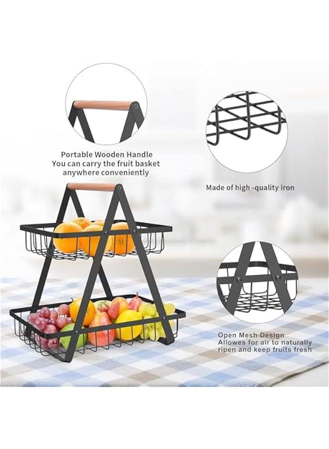 HOOKOR 2 Tier Countertop Fruit Basket,Portable Fruit Bowle Basket for Kitchen Organizer Storage & Dining Room Fruits Vegetable Bread Snacks, Detachable Metal Rectangle Basket Storage - Image 5