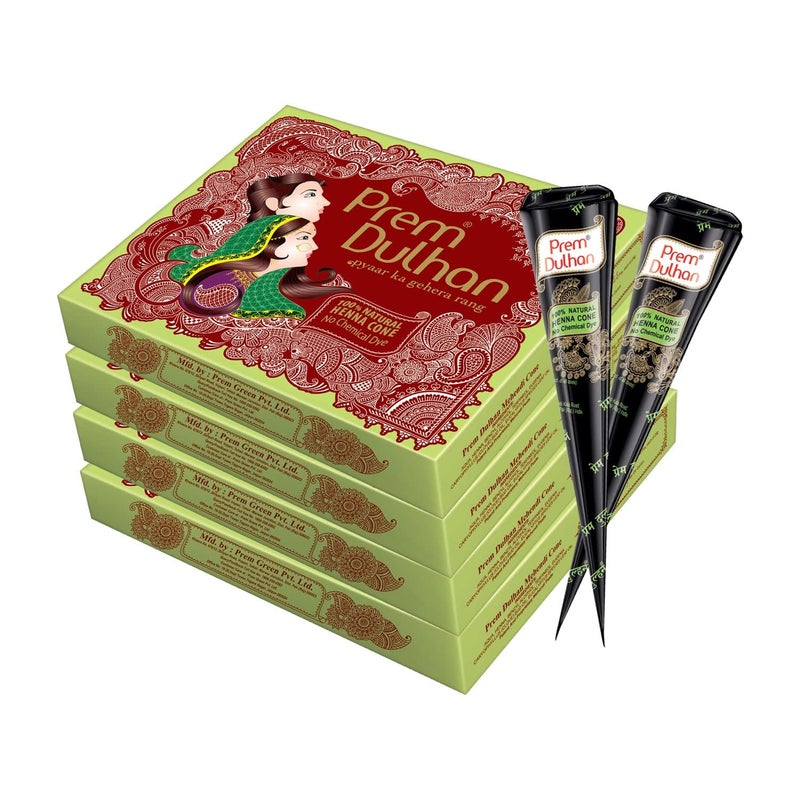 Prem Dulhan Natural HennaBased Mehendi Cones Set Pack of 4 48 Cones for Hand Designing  ChemicalFree Perfect for Weddings  Traditional Occasions  Green Day Box for Women  Girls - Image 1