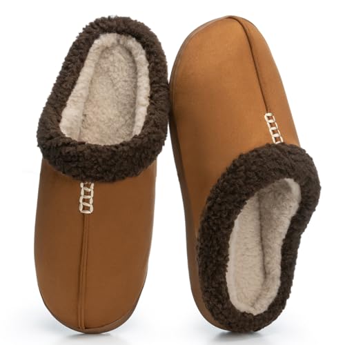 GOEWY House Slippers for Men with Memory Foam Indoor Outdoor Moccasin House Shoes Warm Slip On with Non-Slip Sole Gifts For Men Him Dad Brown 9 10 - Image 1