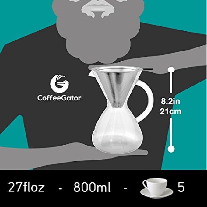 Coffee Gator Pour Over Coffee Maker  27 Oz Paperless Portable Drip Coffee Brewer Pour Over Set WGlass Carafe  StainlessSteel Mesh Filter 800Ml Clear - Image 3