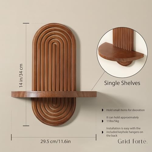 GRID FORTE Modern Wall Shelf (Set of 2) with Arched Wood Design Mid-Century Single Floating Rainbow Shelves for Indoor Decoration Holding Planter Ornaments, 14 x 11.6 Inch (Walnut) - Image 5