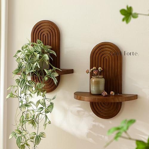 GRID FORTE Modern Wall Shelf (Set of 2) with Arched Wood Design Mid-Century Single Floating Rainbow Shelves for Indoor Decoration Holding Planter Ornaments, 14 x 11.6 Inch (Walnut) - Image 3