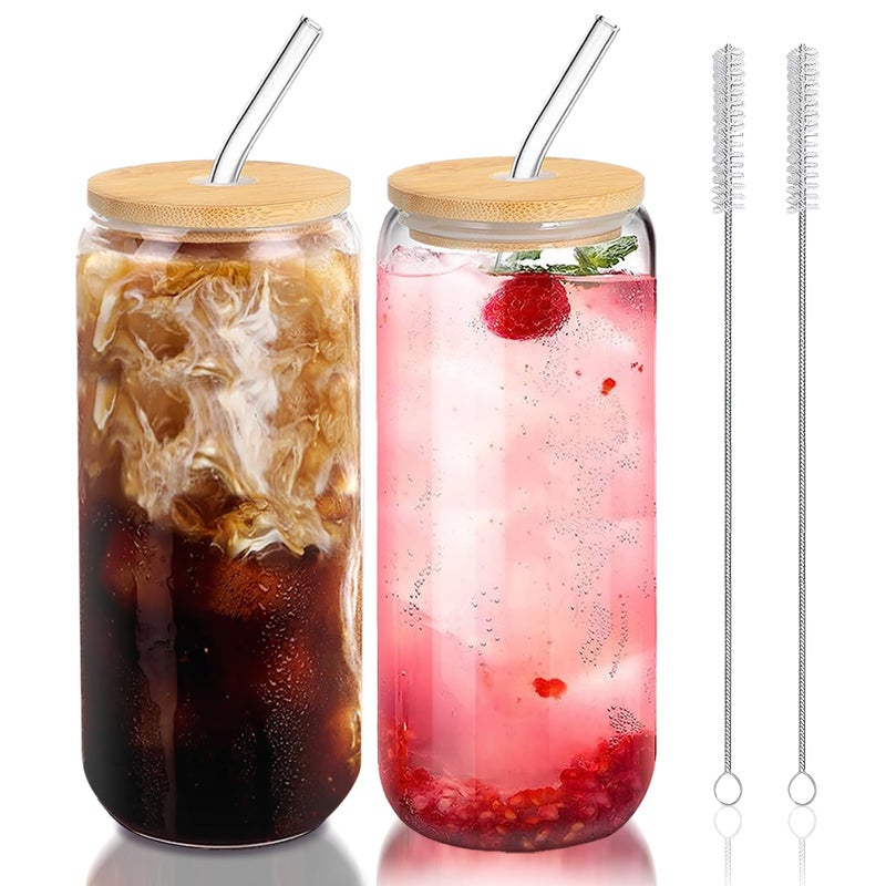 DAMCONME 20 Oz Glass Cups with Lids and Straws 2PcsGlass Iced Coffee Cups20 Oz Glass Tumbler with Bamboo Lid and Straw for SmoothieCocktail Beer WhiskeySoda2 Clean Brush