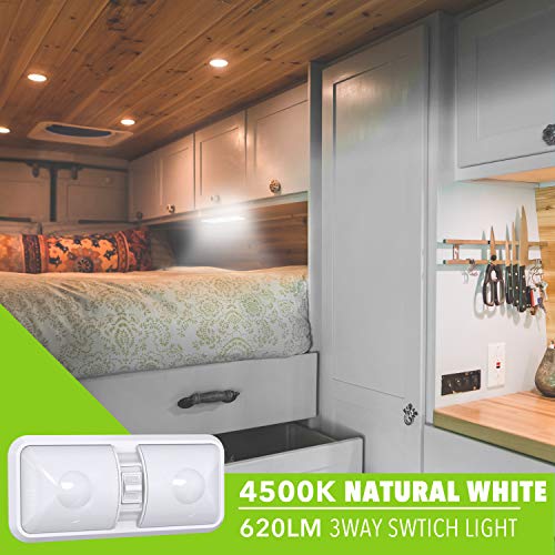 Leisure LED 2 Pack RV LED Ceiling Double Dome Light Fixture with ON/Off Switch Interior Lighting for Car/RV/Trailer/Camper/Boat DC 12V 48X2835SMD (Frosted Lens Natural White 4000-4500K, 2-Pack) - Image 4