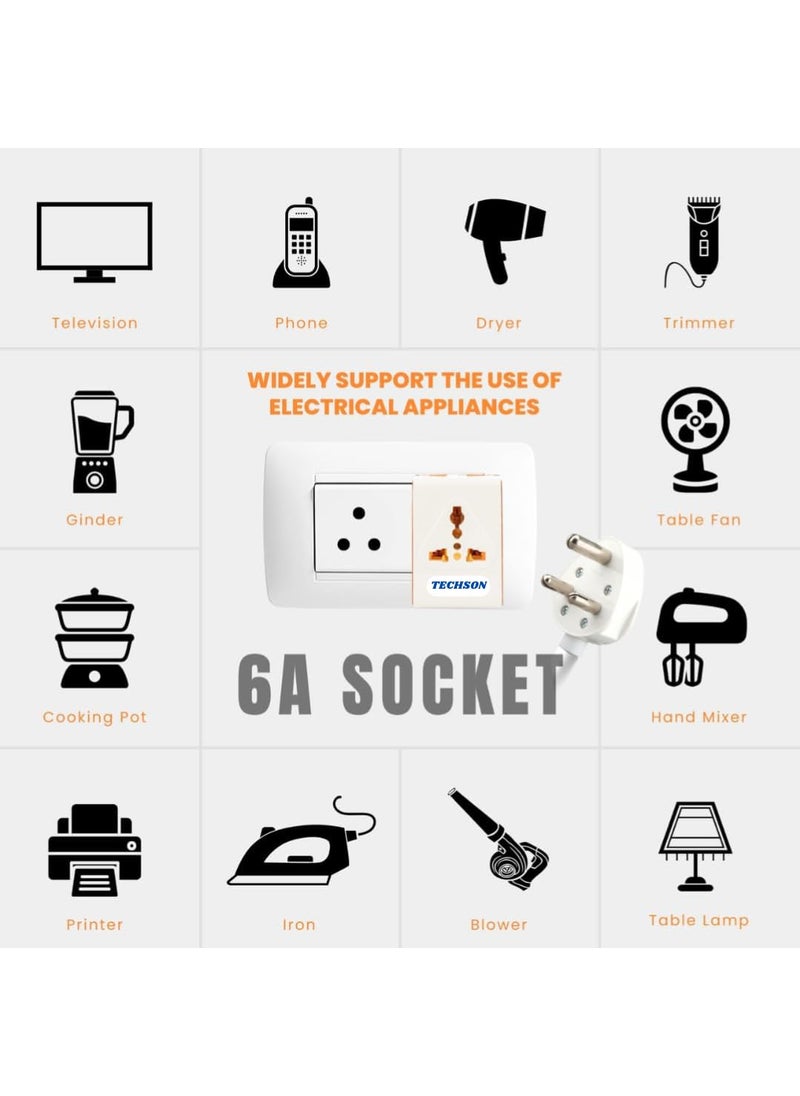 TECHSON TECHSON 6A 3 Pin Multi Plug Socket Travel Adapter with Universal Socket 3 Pin Multi Plug Extension Socket Pack Of10 White Red  - Image 5