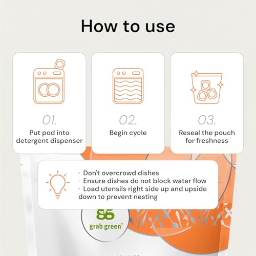 Grab Green Automatic Dishwashing Detergent Pods, 60 Count, Tangerine Lemongrass Scent, Plant and Mineral Based, Superior Cleaning, Powerful Grease Removal, Brilliant Shine - Image 5