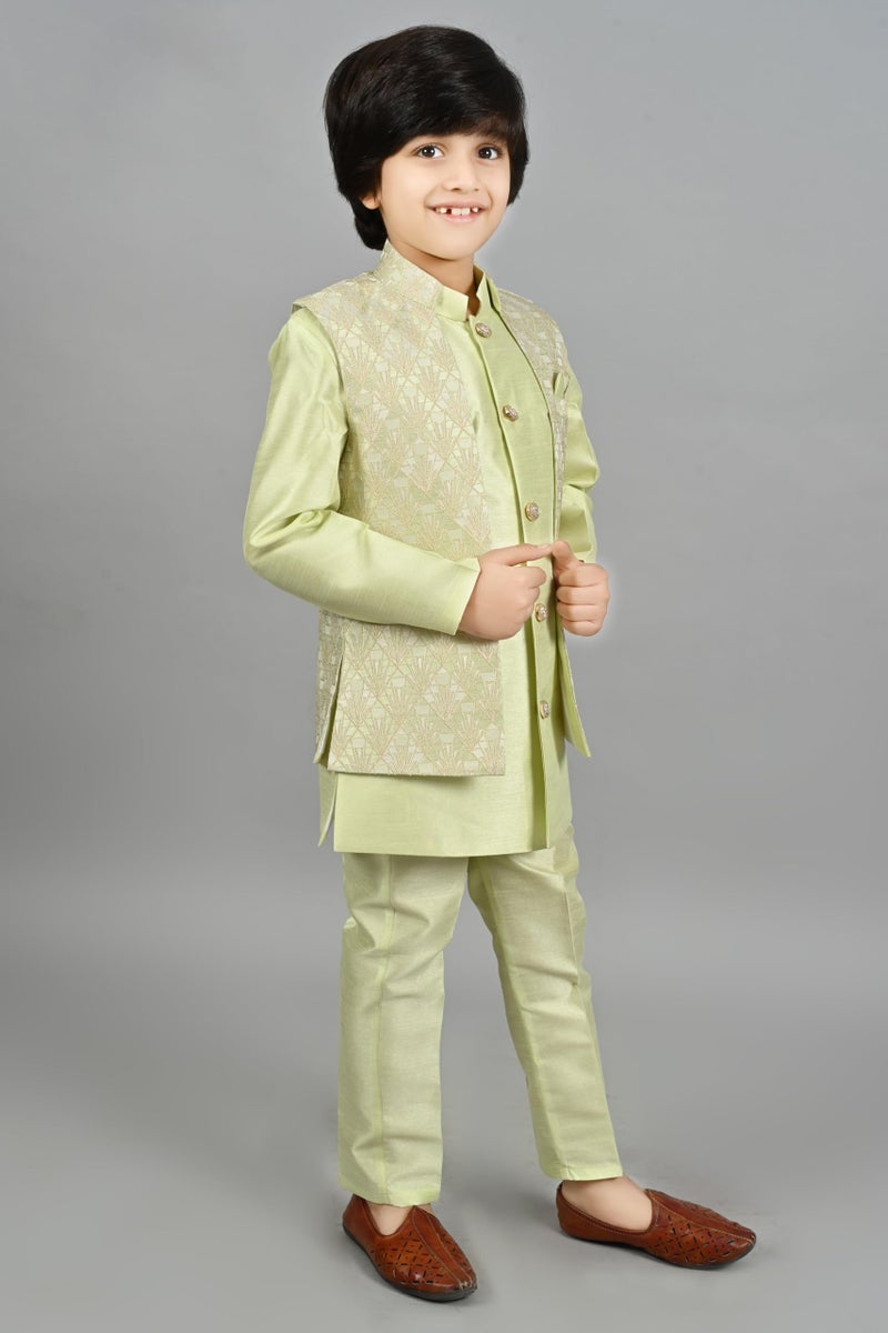 AHHAAAA Kids Ethnic Silk Blend Geometric Waistcoat Kurta Pyjama Sherwani Set For Boys, 5-6 Years,Light Green - Image 5
