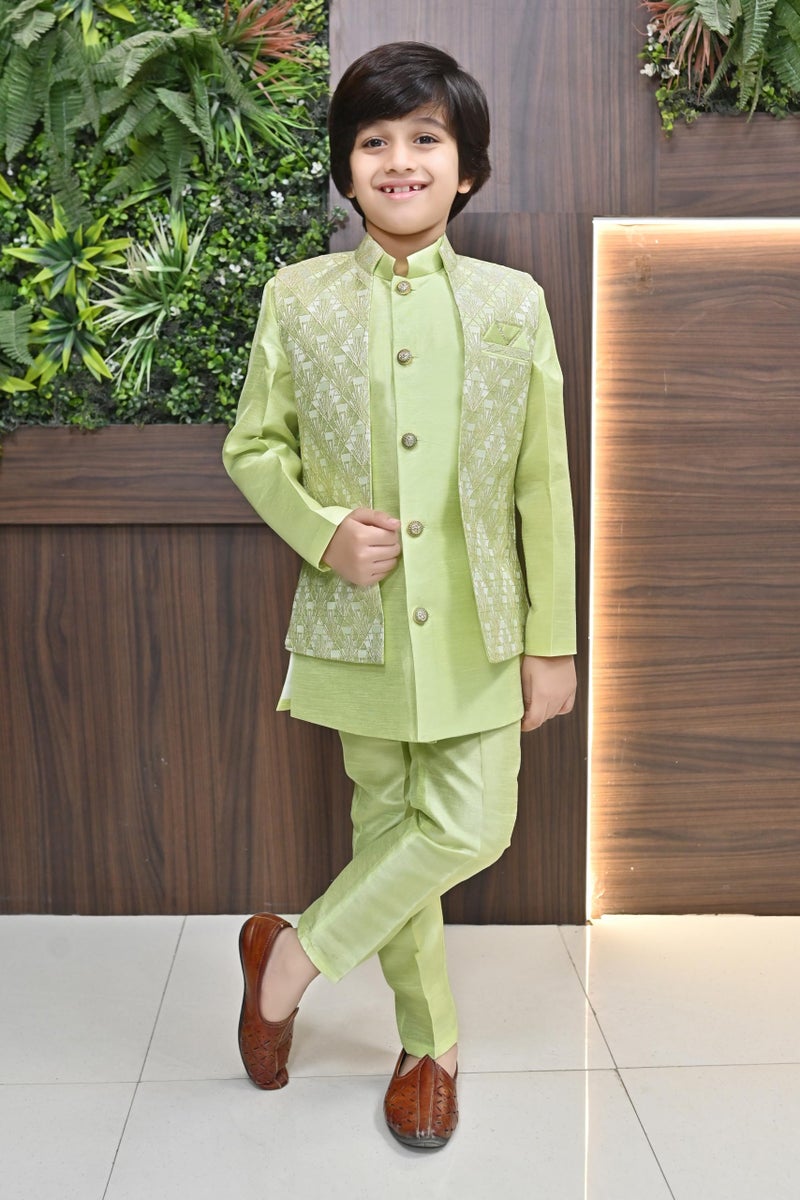 AHHAAAA Kids Ethnic Silk Blend Geometric Waistcoat Kurta Pyjama Sherwani Set For Boys, 5-6 Years,Light Green - Image 3