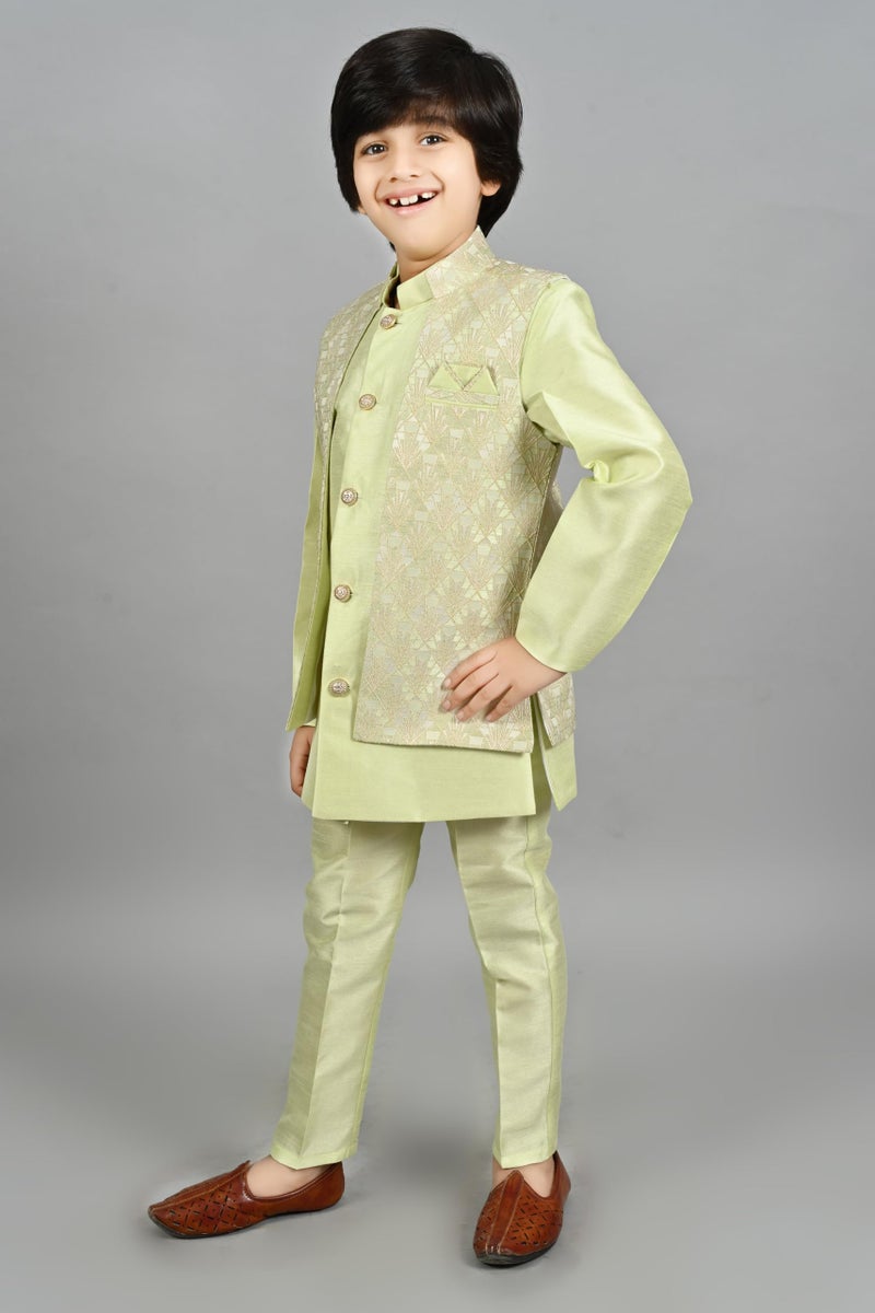 AHHAAAA Kids Ethnic Silk Blend Geometric Waistcoat Kurta Pyjama Sherwani Set For Boys, 5-6 Years,Light Green - Image 4