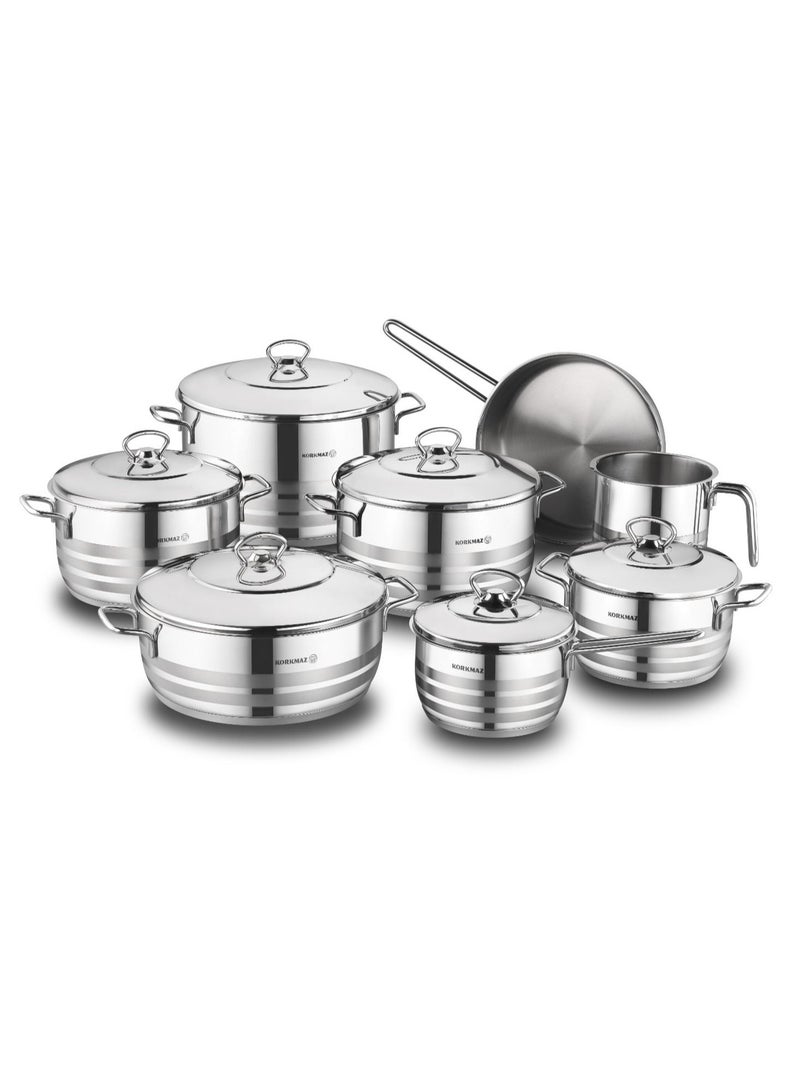 Korkmaz 14 Pieces Korkmaz Astra Stainless Steel Cookware Set Silver