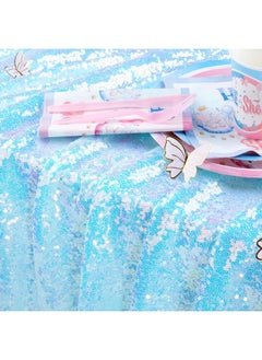 QueenDream QueenDream Sequin Tablecloth 90x132 Blue Iridescent for Rectangle Table Cover Overlay Sparkly Table Cloth for Outdoor Wedding Party Birthday Baby Shower  - Image 2