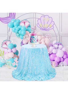 QueenDream QueenDream Sequin Tablecloth 90x132 Blue Iridescent for Rectangle Table Cover Overlay Sparkly Table Cloth for Outdoor Wedding Party Birthday Baby Shower  - Image 4