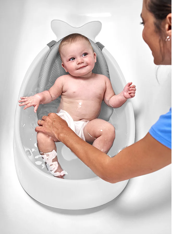 Skip Hop Bath Tubmoby Smart Sling 3 - Stage Tub, Pvc - Free, Phthalate - Free, Non Slip Bath Tub For New Born With Drain Plug, Birth To 11Kg - White Colour