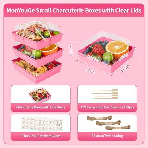 MonYouGe 5 Inches Small Charcuterie Boxes with Clear Lids and Bamboo Skewers, 50 Pack Disposable To Go Paper Mini Charcuterie Containers Dessert Boxes for Sandwich, Cookie, Sushi and Cake Slice - Image 3