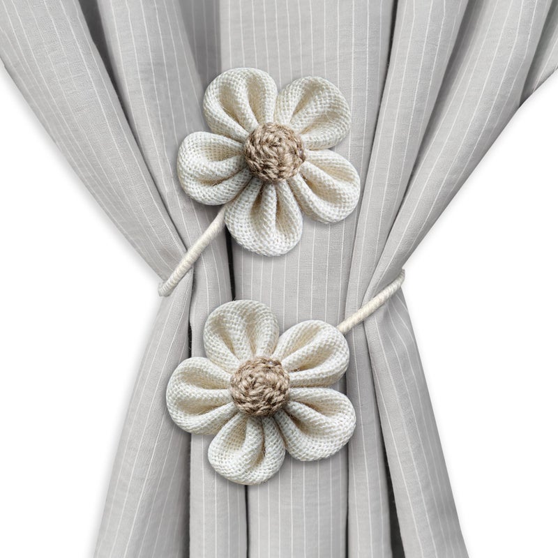 وورم تون Curtain Tie Backs for Curtain Drapes, Boho Decor Holdback Farmhouse TieBacks for Blackout/Sheer Curtains, Jute Rope with Flower, Natural Decor Shabby Chic Drapery Holder, Pack-2 - Image 1