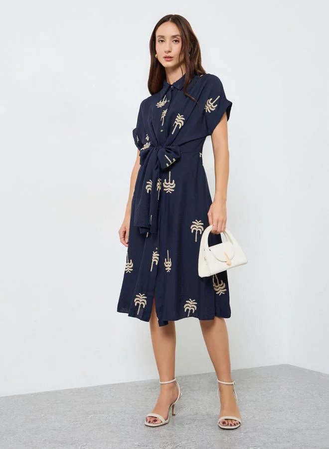 تايك تو فستان قميص ميدي مطرز بنخل للنساء