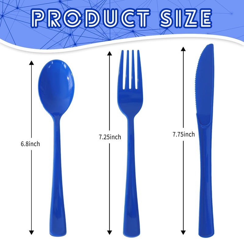 JSQBSECL 150 Pack Plastic Silverware Disposable Cutlery Set Heavy Duty Utensil Sets 50 Forks 50 Knives 50 Spoons for Brithday  Wedding Home Office School Party Picnics (Blue) - Image 1