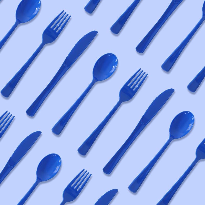 JSQBSECL 150 Pack Plastic Silverware Disposable Cutlery Set Heavy Duty Utensil Sets 50 Forks 50 Knives 50 Spoons for Brithday  Wedding Home Office School Party Picnics (Blue) - Image 3