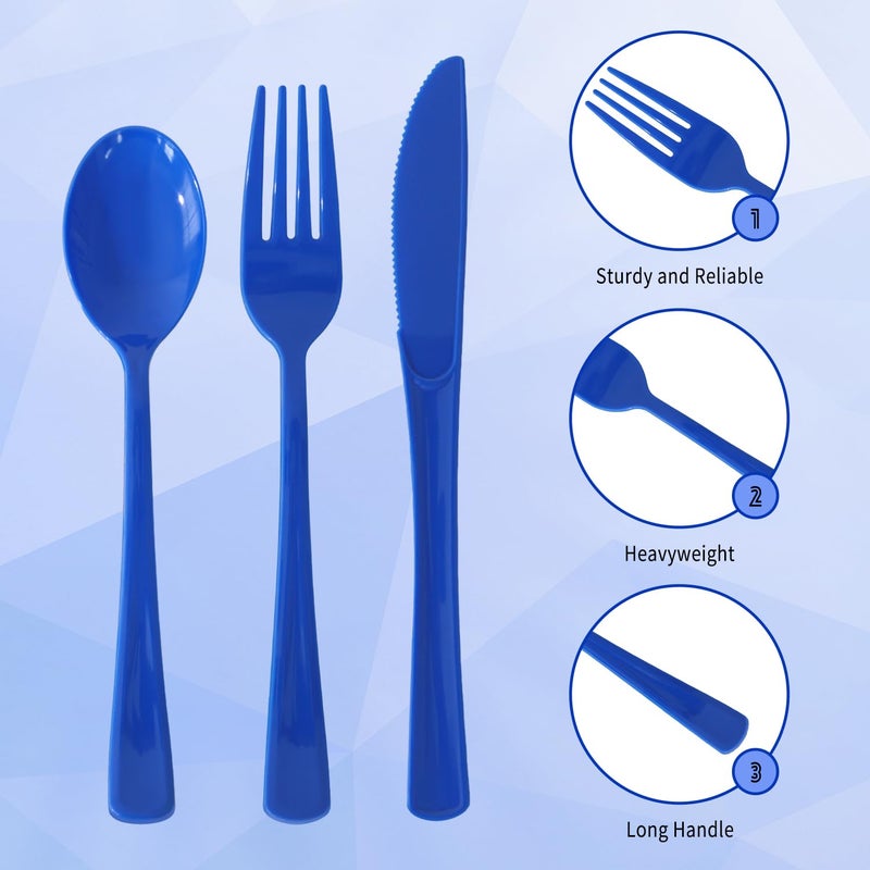 JSQBSECL 150 Pack Plastic Silverware Disposable Cutlery Set Heavy Duty Utensil Sets 50 Forks 50 Knives 50 Spoons for Brithday  Wedding Home Office School Party Picnics (Blue) - Image 2