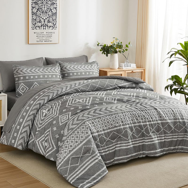 Yiran Boho Comforter Set King Size, Grey Comforter Bedding Set, 7 Piece Bed in a Bag, Soft Microfiber Bohemian Striped Complete Bedding Set with Sheets for All Season - Image 1