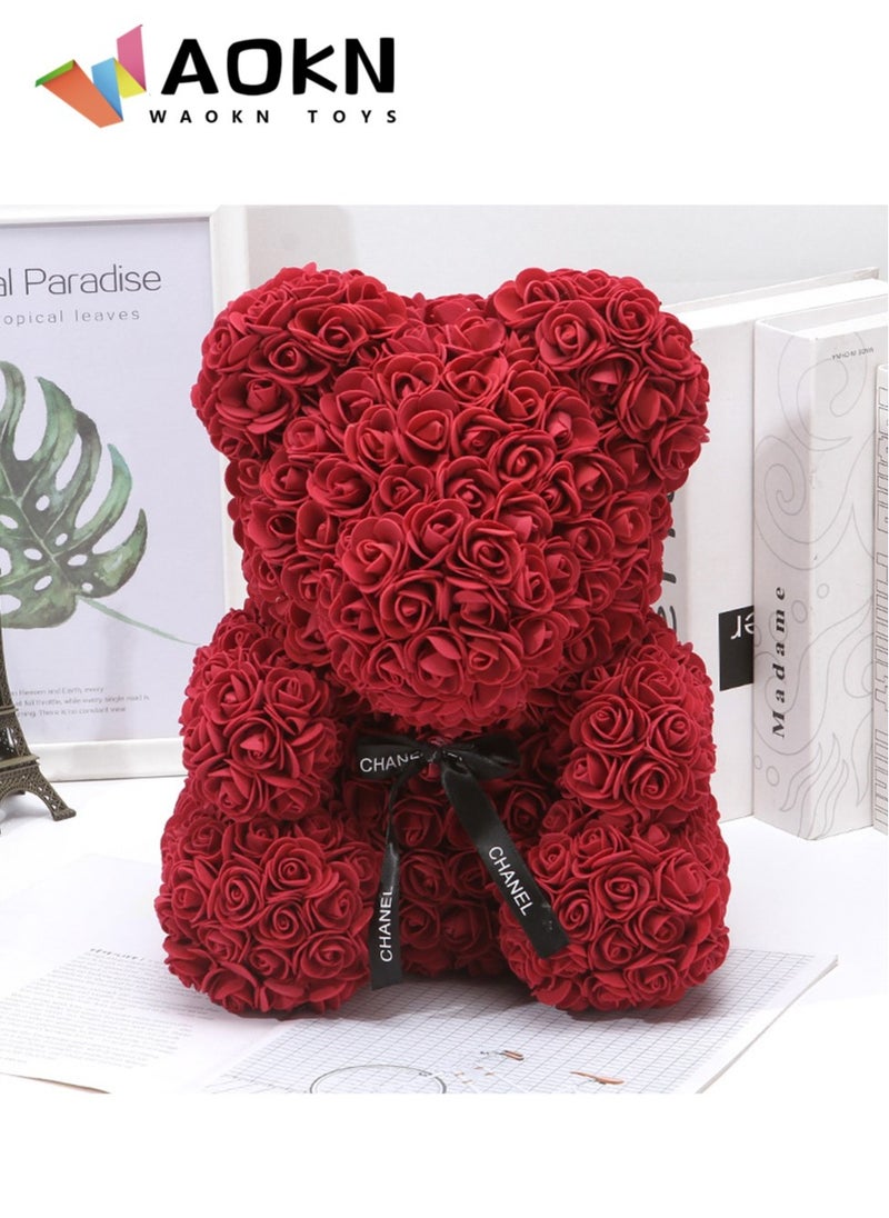 WAOKN - 25cm Rose Bear with Transparent Gift Box & Black Ribbon Rose Petals Teddy Bear Presents for Women Artificial Flowers Rose Bear Valentine Gifts Dark Red - Image 1