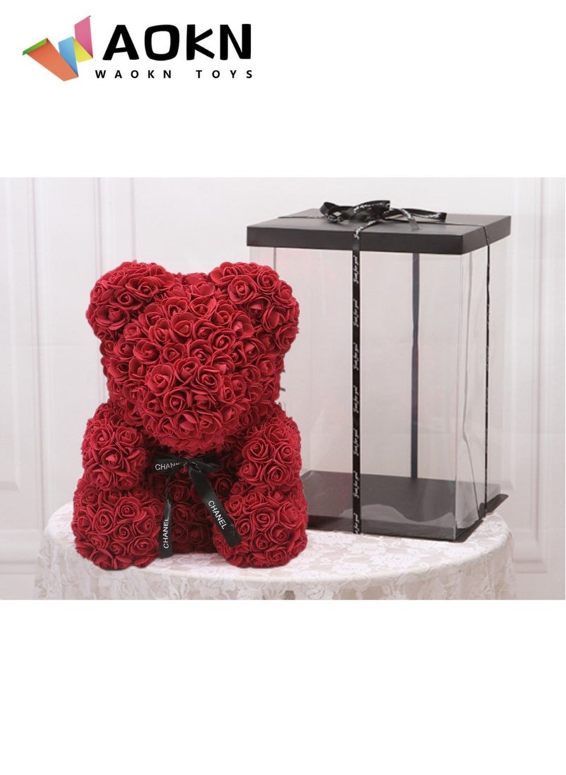 WAOKN - 25cm Rose Bear with Transparent Gift Box & Black Ribbon Rose Petals Teddy Bear Presents for Women Artificial Flowers Rose Bear Valentine Gifts Dark Red - Image 1