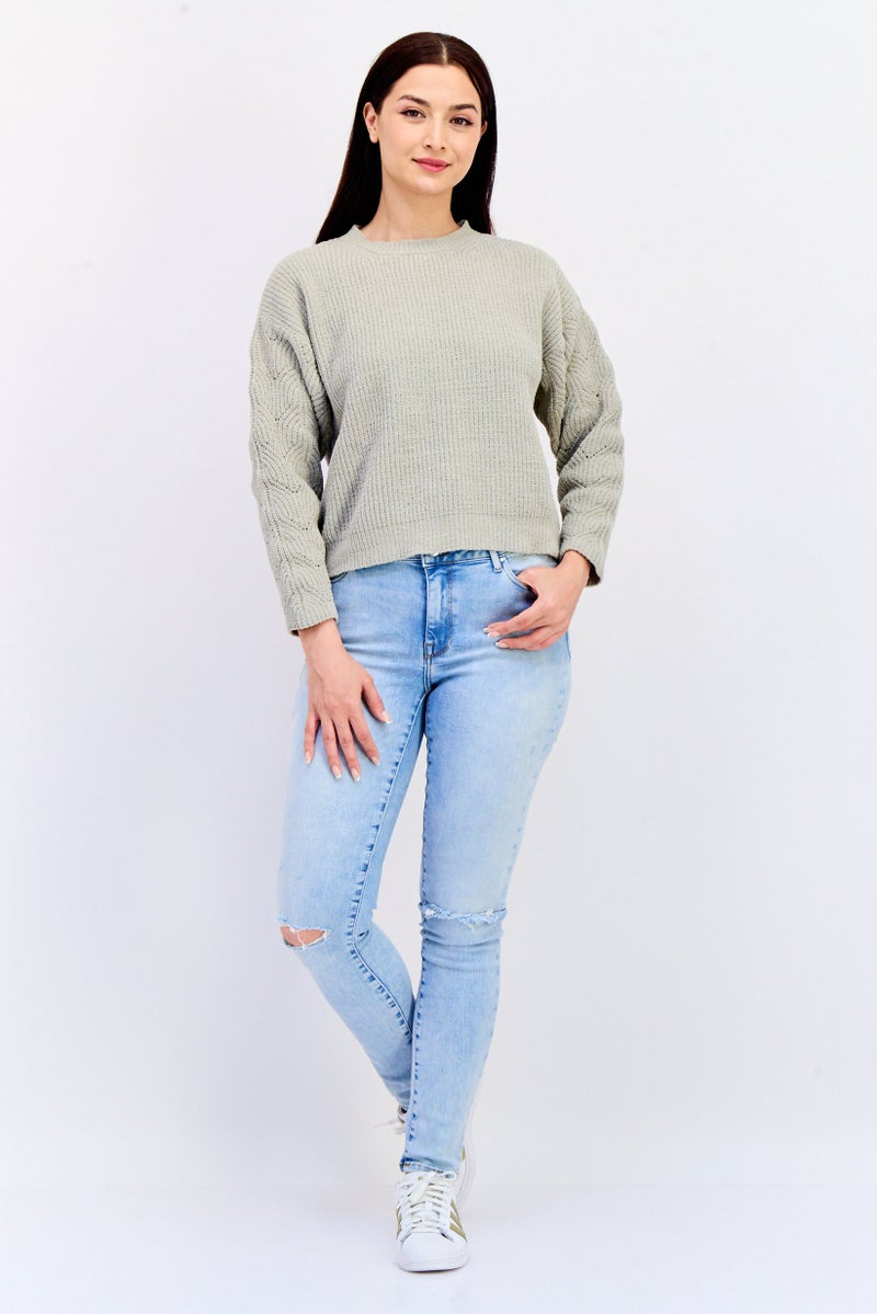 POOF Women Crew Neck Knitted Sweater, Sage Green - Image 4