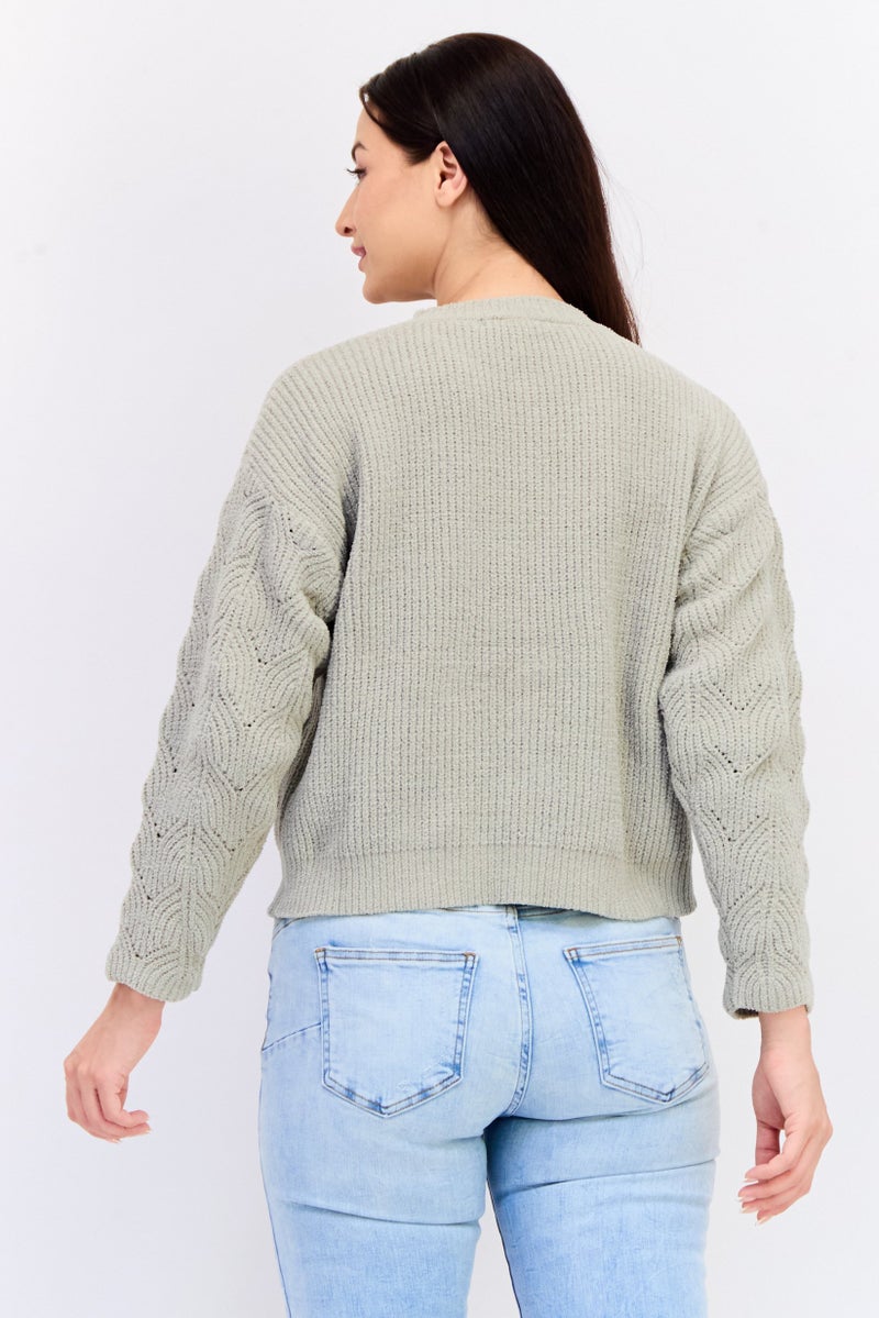 POOF Women Crew Neck Knitted Sweater, Sage Green - Image 3