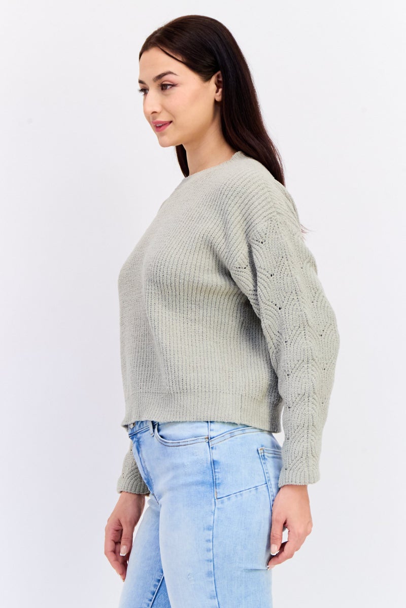 POOF Women Crew Neck Knitted Sweater, Sage Green - Image 2